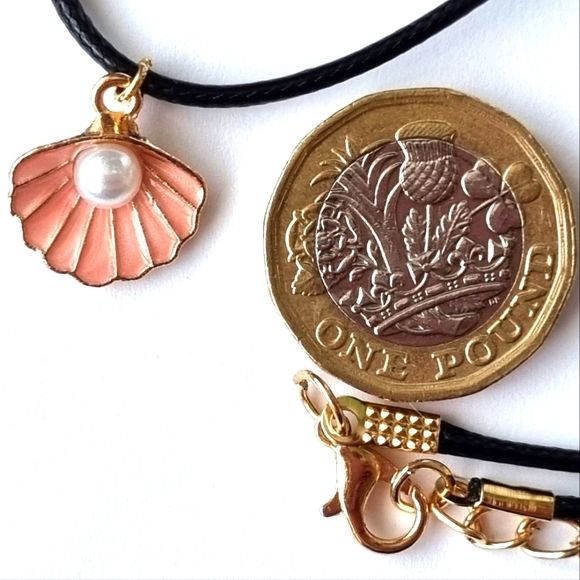 Necklace | Pink Scallop & Faux Pearl Pendant | Black Cord | Gold Toned Findings - Picture 7 of 8